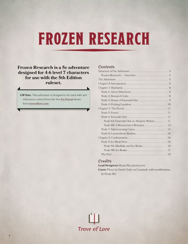 The cover for: Frozen Research — An Ice Forest adventure for 4-6 level 7 characters.