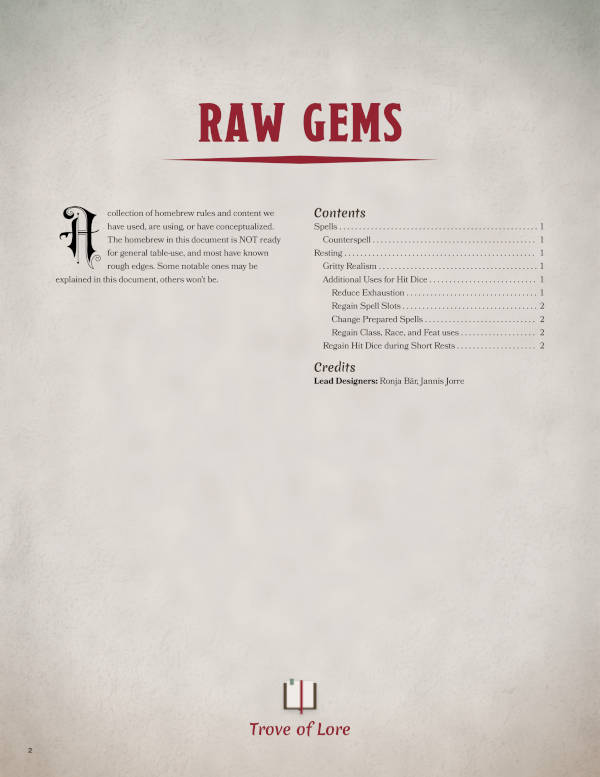 The cover for: Raw Gems — A collection of unrefined homebrew rules and content.